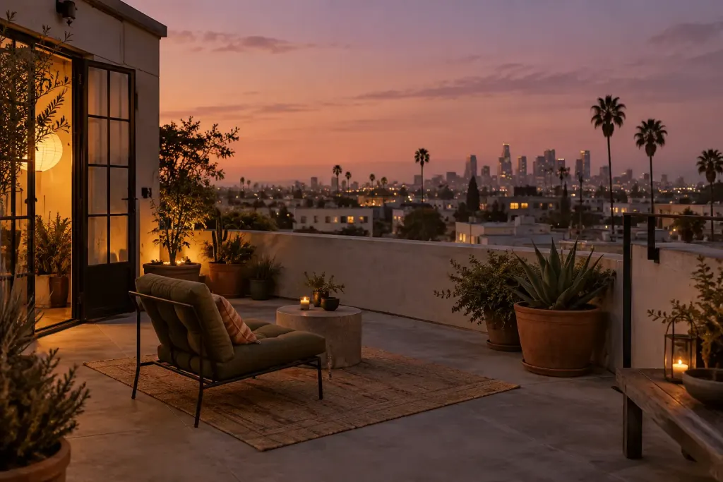 AI illustration of a fictional city rooftop with a lounge chair and distant skyline at dusk