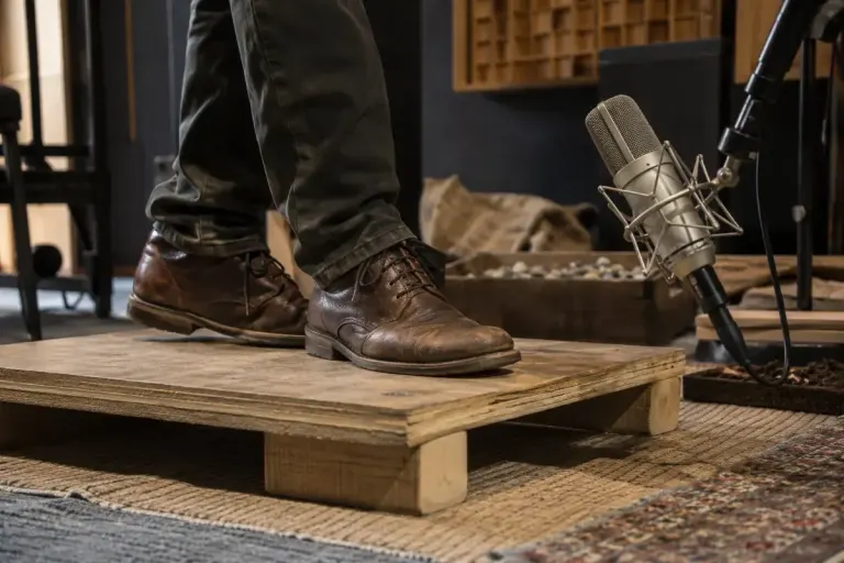 Leather shoes on a wooden Foley platform beside a studio microphone.