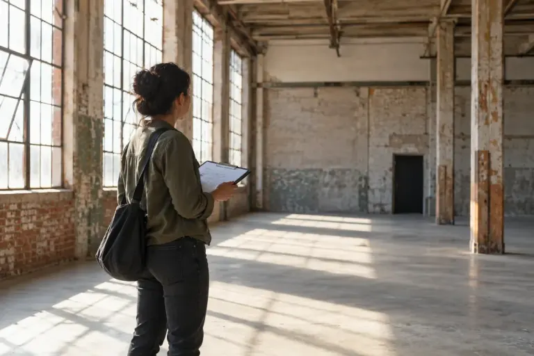 A location scout examining an empty industrial interior.