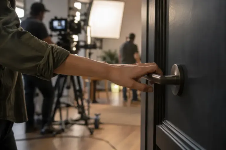 A hand reaching toward a door handle on an illustrative film set.
