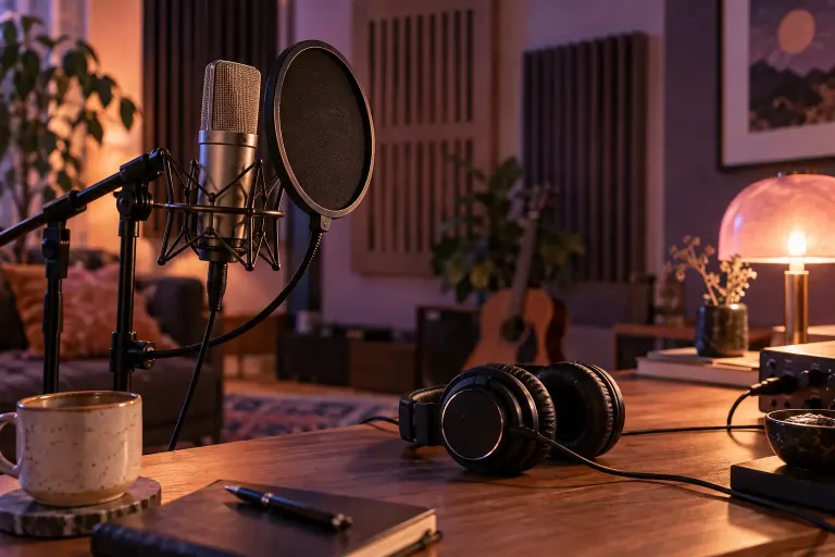 AI illustration of a microphone and headphones in a fictional sound recording studio