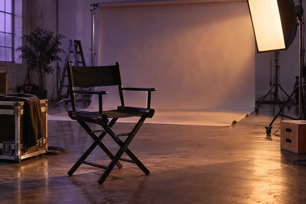AI illustration of an empty director's chair and lighting equipment on a fictional studio set